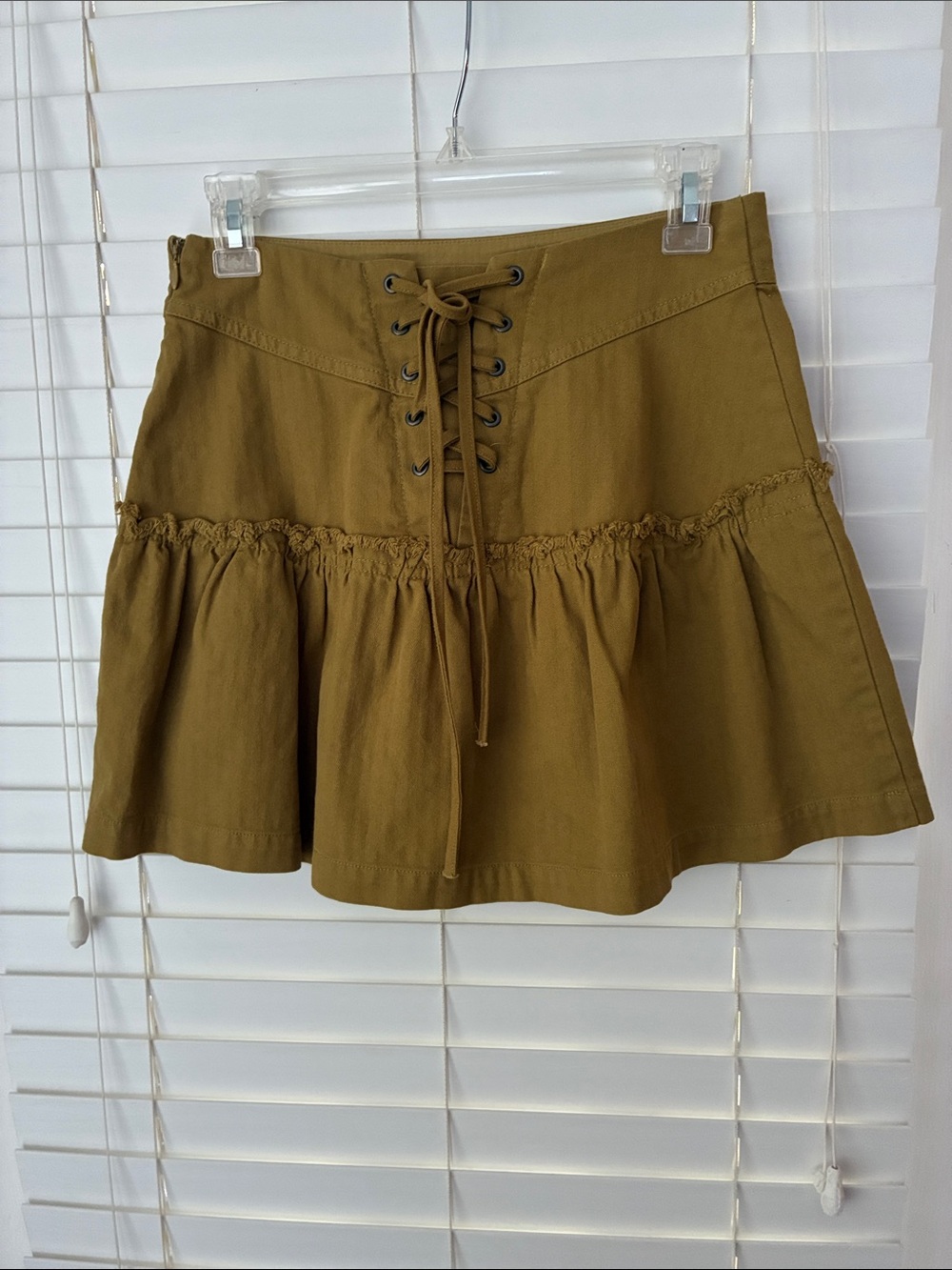 Free People Positano Lace Up Mini Skirt SZ 2 Olive Green Like new!